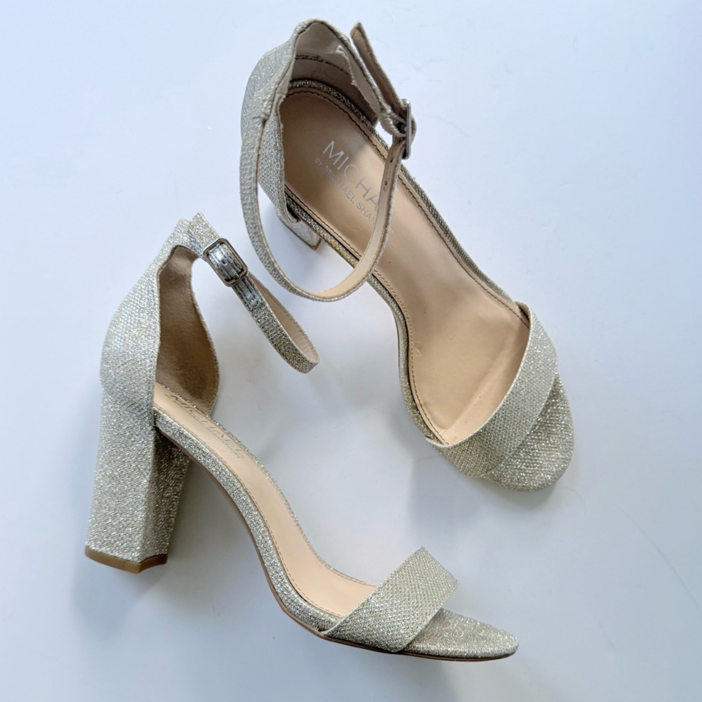 Michael Michael Kors Sascha Silver Glitter High Heel Ankle Strap Sandal 9 - Picture 4 of 15